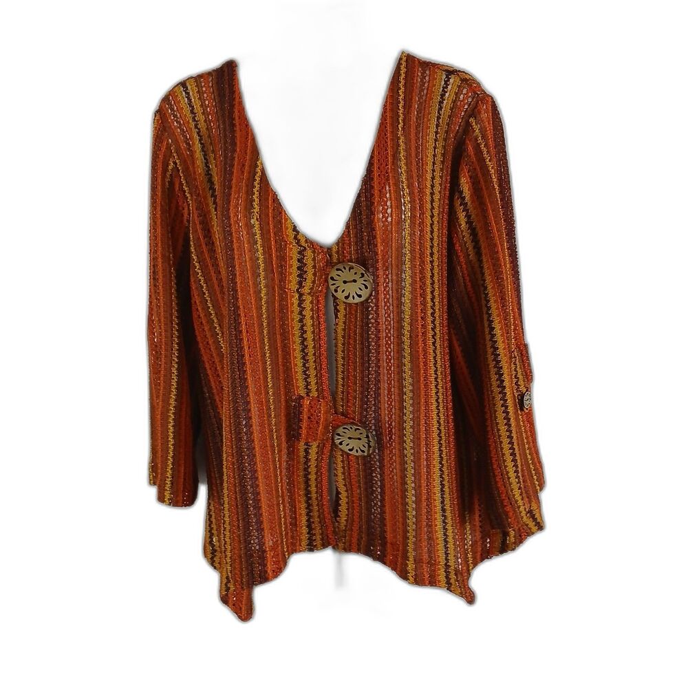 Nina Leonard Cardigan Button Brown‎ Open Knit Sz XL  Lagen Look Peasant Resort